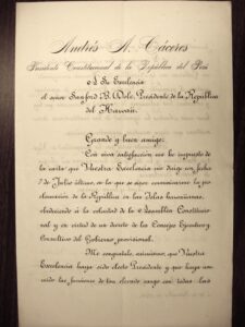 Letter from President Caceres Letter of Recognition of the Republic of Hawaii