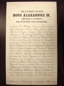 Tsar Alexander III Russia Letter of Recognition Republic of Hawaii French Translation